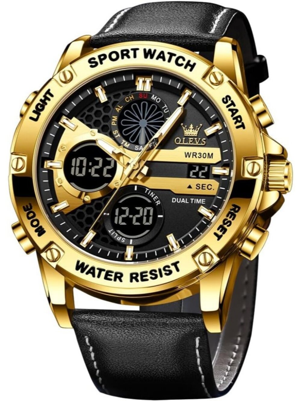 Men's Gold Black Leather Chronograph Fashion Digital Waterproof Wrist Watch